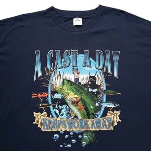Vintage Y2K A Cast A Day Keeps Work Away Sz 2XL Mens Blue Fishing T-Shirt Fish
